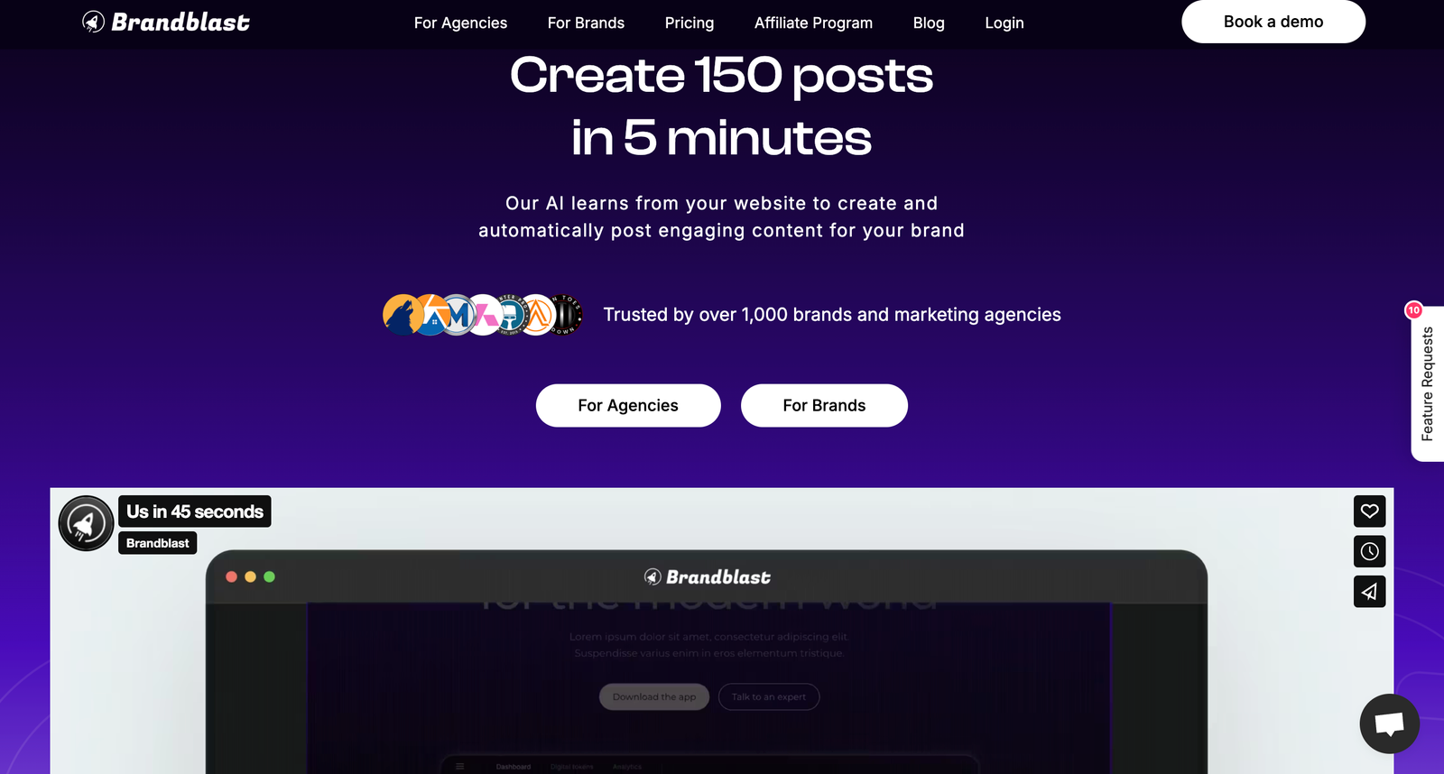 Brandblast homepage highlighting AI-powered content creation, enabling 150 posts in 5 minutes, trusted by over 1,000 brands and agencies.